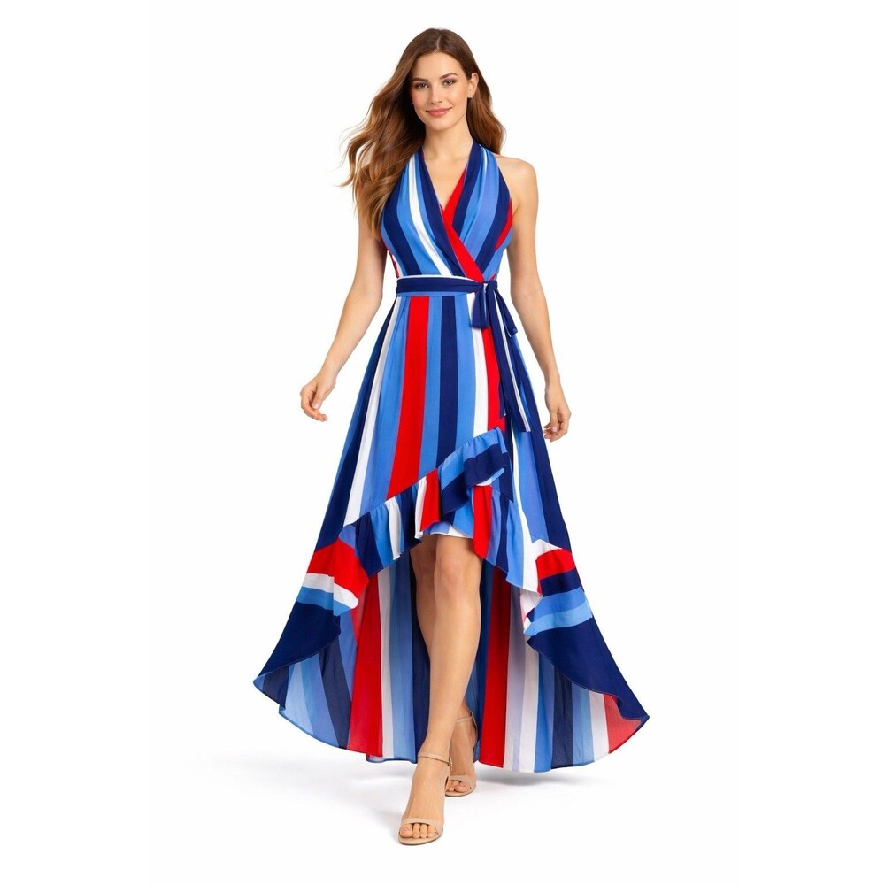 Halter Striped High Low Ruffle Dress Blue Red White Flowy Size 16